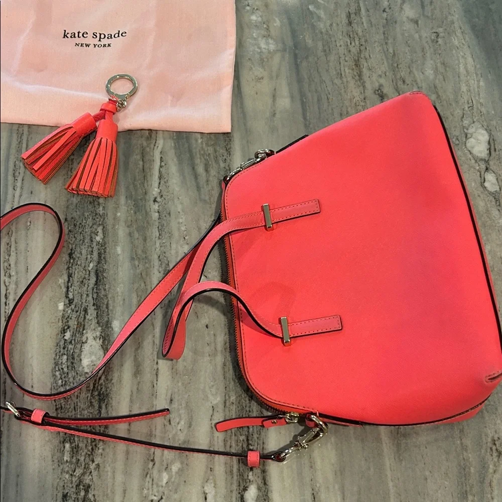 Kate Spade Coral Satchel with Tassels EUC purse shoulder bag long strap hot pink - Picture 3 of 6